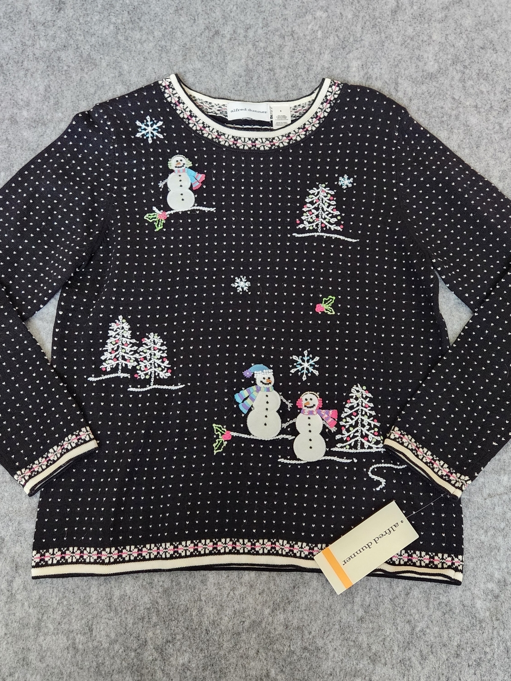NWT Alfred Dunner Embroidered Cardigan Sweater Women's S Black Snowmen Christmas